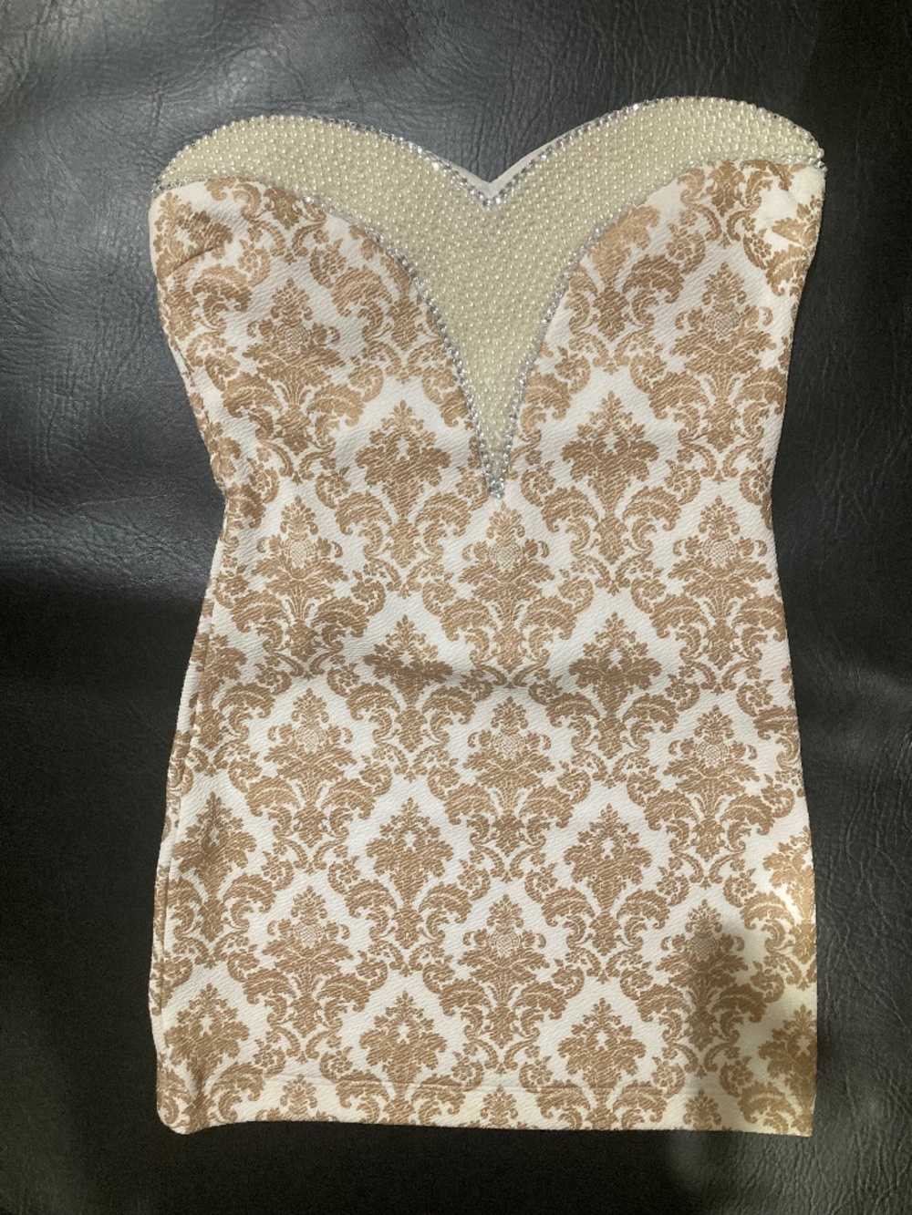 Janice cream brown floral print beads crystal strapless bustier dress s small